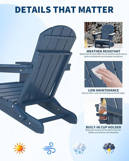 Folding Adirondack Chair, All-Weather HDPE Outdoor Chair, Wooden Textured with Cup Holder for patios, Decks, Gardens, fire pits, Navy Blue