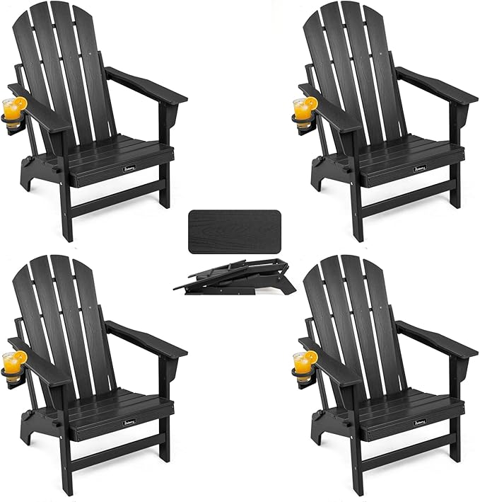 FUNBERRY Folding Adirondack Chairs Set of 4, HDPE Stable Gun-Leg Design Fire Pit Chairs with Cupholder All Weather for Outside