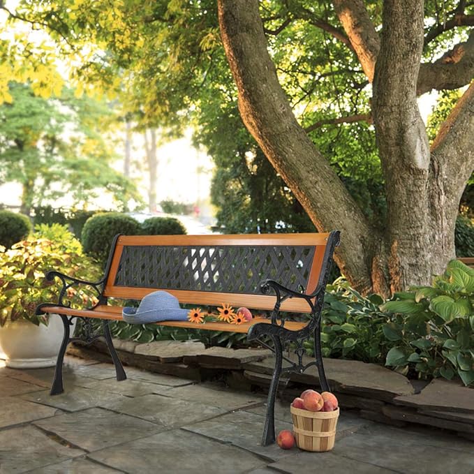 49.5in Outdoor Metal Garden Bench- Front Porch Wood Love Seat w/PVC Backrest - Photo 2