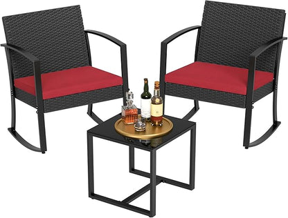 Homall Patio Furniture Set 3 Piece Resin Outdoor Bistro Set Rocking Patio Chairs with Cushions and Table for Porch, Poolside, Balcony and Yard (Red)
