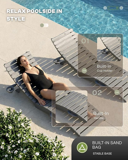 Pre-Assembled Folding in-Pool Lounge Chair, HDPE Outdoor Chaise Lounge with Cup Holder, Pool Lounge Chair for Poolside, Patio, Beach, Deck (Grey)