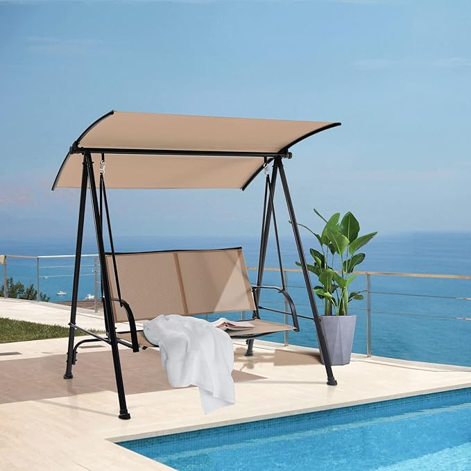 Tangkula 2 Person Porch Swing, Patio Swing with Adjustable Canopy, Comfortable Fabric Seat & Heavy-Duty Steel Frame, Outdoor Canopy Swing for Patio, Garden, Poolside (Beige)