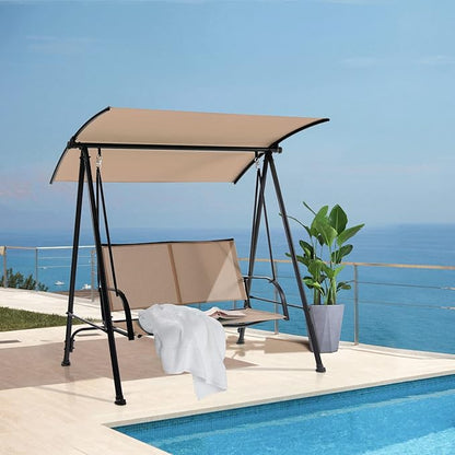 Tangkula 2 Person Porch Swing, Patio Swing with Adjustable Canopy, Comfortable Fabric Seat & Heavy-Duty Steel Frame, Outdoor Canopy Swing for Patio, Garden, Poolside (Beige)