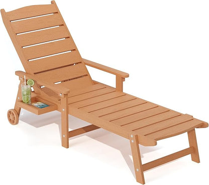 Outdoor Chaise Lounge Chair with Wheels, 6.3ft Full-Length Patio Pool Lounge Chairs,5-Position Adjustable Backrest (Flat Recline), Flip-Down Side Tray,HIPS All-Weather for Poolside, Deck,Beach