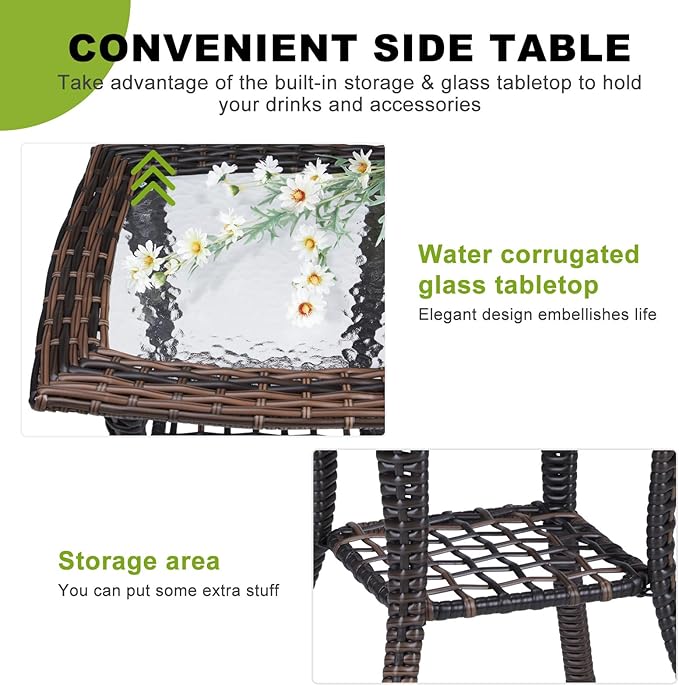 Outvita Outdoor Side Table, Patio Rattan Coffee Table Small End Table with Glass Tabletop and Storage Shelf for Patio Porch Backyard Balcony Living Room