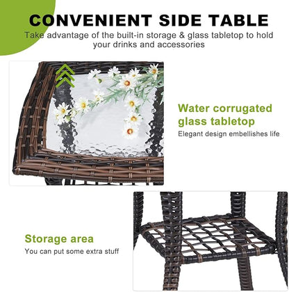 Outvita Outdoor Side Table, Patio Rattan Coffee Table Small End Table with Glass Tabletop and Storage Shelf for Patio Porch Backyard Balcony Living Room