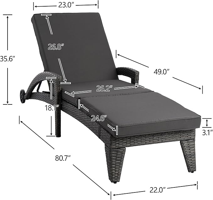 Chaise Lounge Chairs Set of 4, Upholstered 4-Positions Adjustable Lounge Chairs, Wicker Outdoor Long Reclining Chaise Lounge Set Pool Lounge Chairs with Wheels for/Deck/Beach/Yard, Grey