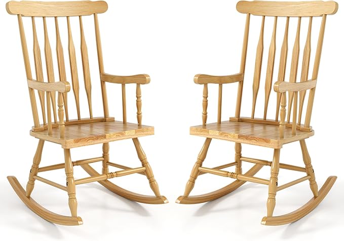 Giantex Outdoor Wood Rocking Chairs Set of 2, Patio Rocking Chair w/Rubber Wood Frame, Slat Back, Outside & Indoor Rocker for Garden, Poolside, Balcony, Backyard, Lawn, Front Porch Rocker, Natural