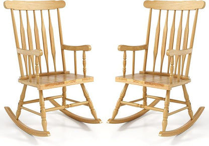 Giantex Outdoor Wood Rocking Chairs Set of 2, Patio Rocking Chair w/Rubber Wood Frame, Slat Back, Outside & Indoor Rocker for Garden, Poolside, Balcony, Backyard, Lawn, Front Porch Rocker, Natural