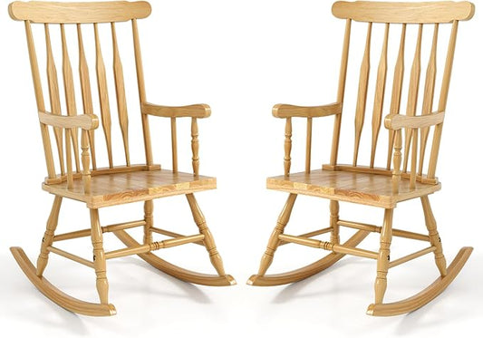 Giantex Outdoor Wood Rocking Chairs Set of 2, Patio Rocking Chair w/Rubber Wood Frame, Slat Back, Outside & Indoor Rocker for Garden, Poolside, Balcony, Backyard, Lawn, Front Porch Rocker, Natural