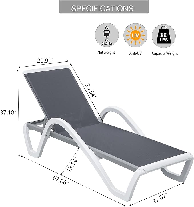 Domi Patio Chaise Lounge Outdoor Lounge Chair Adjustable Aluminum Pool Lounge Chair with Armrests, Durable Textilene, All Weather Poolside Lounger for Deck, Lawn, Garden, Gray