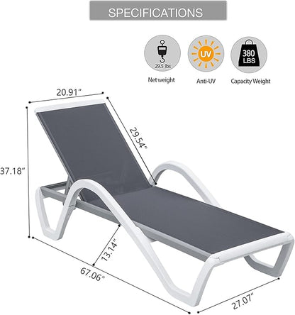 Domi Patio Chaise Lounge Outdoor Lounge Chair Adjustable Aluminum Pool Lounge Chair with Armrests, Durable Textilene, All Weather Poolside Lounger for Deck, Lawn, Garden, Gray