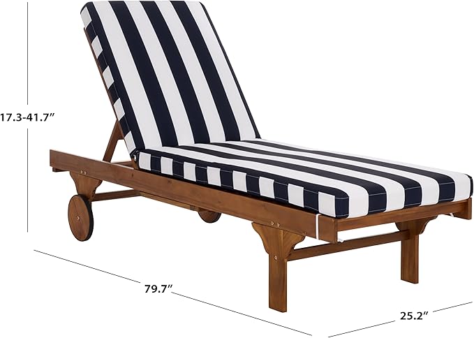 SAFAVIEH Outdoor Patio Furniture Collection - Newport Natural Solid Wood Chaise Lounge Chair with Navy Stripe Cushion, Adjustable Backrest (PAT7316F)