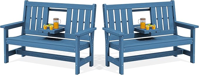 SERWALL Outdoor Bench with Cup Holder, 58" HDPE Garden Park Bench Suitable for 3 Person - Photo 1
