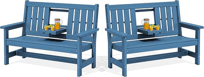 SERWALL Outdoor Bench with Cup Holder, 58" HDPE Garden Park Bench Suitable for 3 Person, All Weather Patio Benches with High Backrest and Wide Armrests for Garden, Park, Yard, Front Porch, Navy