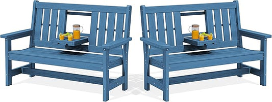 SERWALL Outdoor Bench with Cup Holder, 58" HDPE Garden Park Bench Suitable for 3 Person, All Weather Patio Benches with High Backrest and Wide Armrests for Garden, Park, Yard, Front Porch, Navy