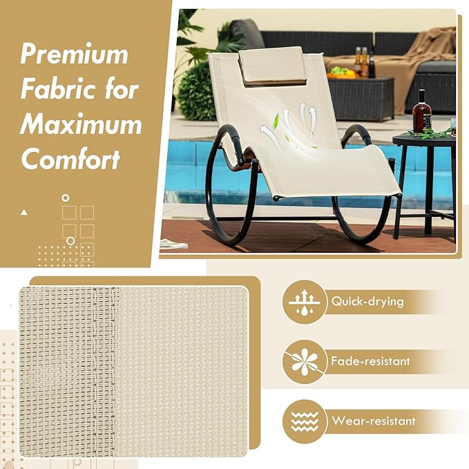 Tangkula Rocking Lounge Chair Outdoor, Zero Gravity Chaise Lounger with Removable Headrest, Fabric Backrest & Seat - Photo 7