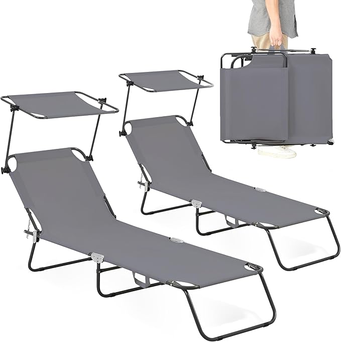 Folding Outdoor Lounge Chair Set of 2 with Adjustable Shade Canopy, Portable Sun Tanning Chairs, Gray (2, Grey)