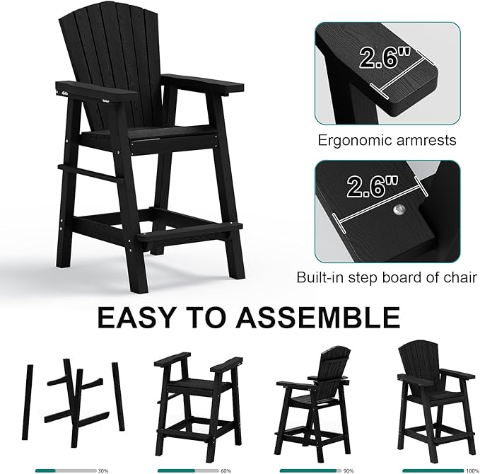 PLUUV Tall Adirondack Chairs Set of 2 High Back Adirondack barstools with Removable Connecting Tray, HDPE Height Adirondack Barstools, High Patio Chairs for Balcony, Lawn, Deck, Backyard - Black