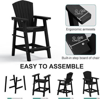PLUUV Tall Adirondack Chairs Set of 2 High Back Adirondack barstools with Removable Connecting Tray, HDPE Height Adirondack Barstools, High Patio Chairs for Balcony, Lawn, Deck, Backyard - Black