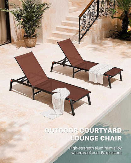 Aluminum Chaise Foldable Patio Lounge Chair Outdoor, Metal Deck Lounger Adjustable 5-Position Recliner Pool Chase Breathable Full Flat Outside Sun Tanning Chairs for Beach/Poolside/Lawn(Brown, 2 Pack)