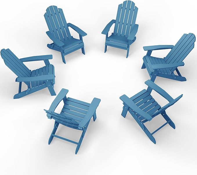 MXIMU Folding Adirondack Chair for Outdoor: Easy to Assemble and Comfortable Adirondack Chairs Set of 6 - All Weather Composite Plastic Chair for Outside Fire Pit Patio Lawn Garden Backyard Use(Navy)