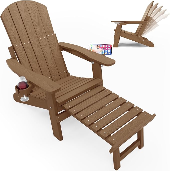 YEFU Folding Adirondack Chair with Footrest,Adjustable Adirondack Chair with Retractable Ottoman & 2 Cup Holder, 5-Level Adjustable Adirondacks Chairs, for Outdoor, Pool, Patio, Fire Pit (Teak)