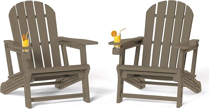 Costaelm Cayman Hardware-Free Assembly Outdoor Patio HDPE Poly Plastic Adirondack Chair with Cup Holder (Set of 2), Weathered Wood
