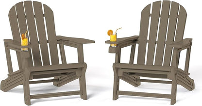 Costaelm Cayman Hardware-Free Assembly Outdoor Patio HDPE Poly Plastic Adirondack Chair with Cup Holder (Set of 2), Weathered Wood