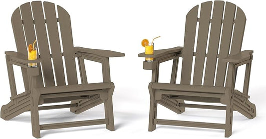Costaelm Cayman Hardware-Free Assembly Outdoor Patio HDPE Poly Plastic Adirondack Chair with Cup Holder (Set of 2), Weathered Wood