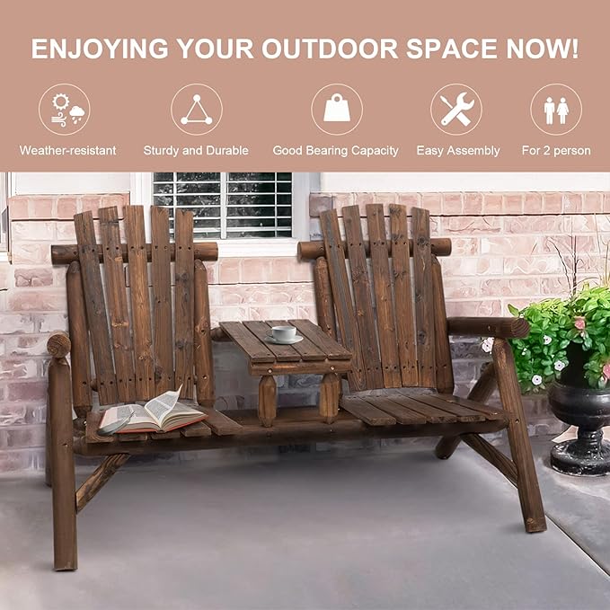 Outsunny 2-Seat Wooden Adirondack Chair, Patio Bench with Table, Outdoor Loveseat Fire Pit Chair for Porch, Backyard - Photo 7