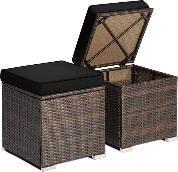 RELAX4LIFE Wicker Outdoor Storage Ottoman, 2-Piece Rattan Footstool w/Removable Cushion - Photo 1
