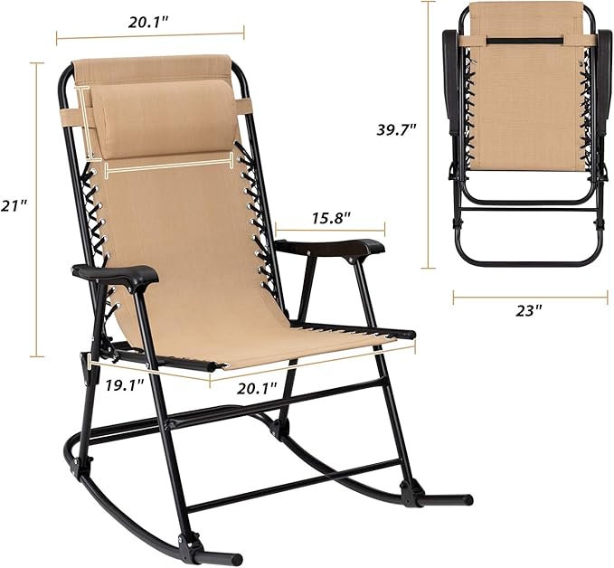 Flamaker Patio Rocking Chair Zero Gravity Chair Outdoor Folding Recliner Foldable Lounge Chair Outdoor Pool Chair for Patio, Poolside and Camping (Beige)