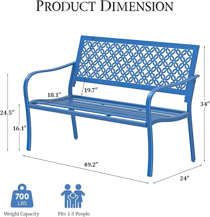 ONBRILL 50" Outdoor Bench, Garden Benches with Galvanized Metal Frame, Front Porch Bench with Floral Backrest, Patio Furniture with Adjustable Feet for Park, Yard, Lawn, Entryway, Blue