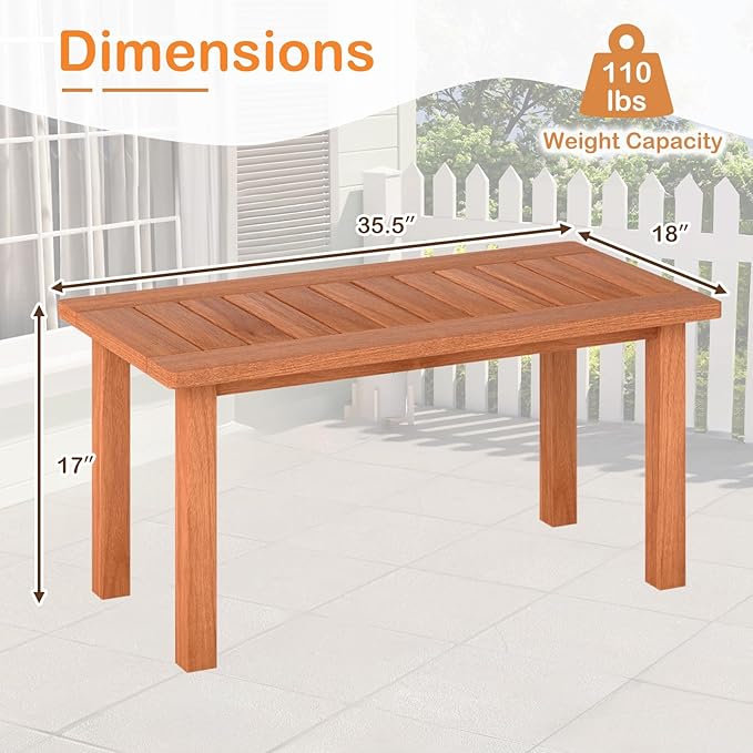 HAPPYGRILL Outdoor Wooden Coffee Table Patio Solid Wood Center Table with Slatted Tabletop - Photo 3