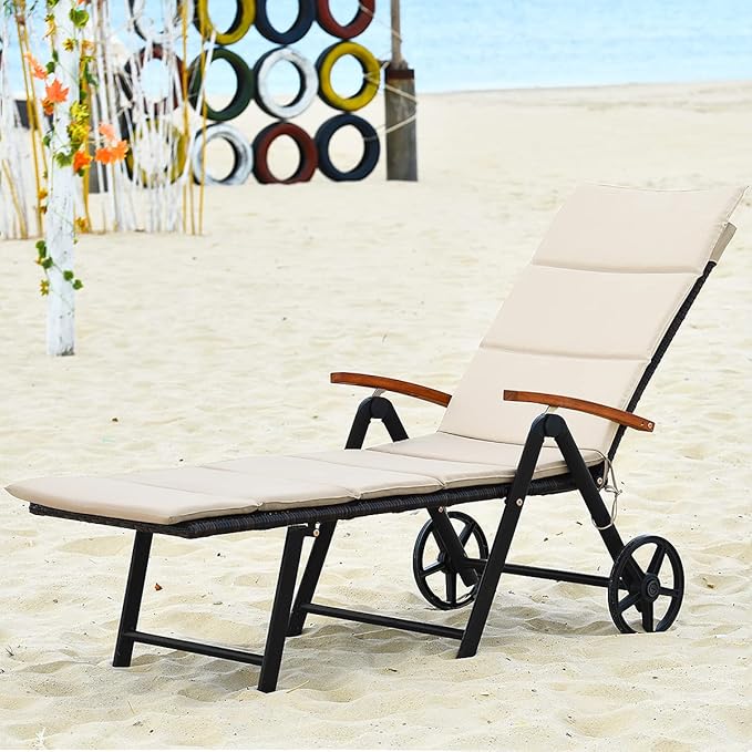 Tangkula Foldable Outdoor Chaise Lounger, Wicker Lounger Chair with Aluminum Black Frame, Wheels for Easy Moving, 7-Position Adjustable Cushioned Rattan Chaise for Poolside, Garden, Balcony and Patio