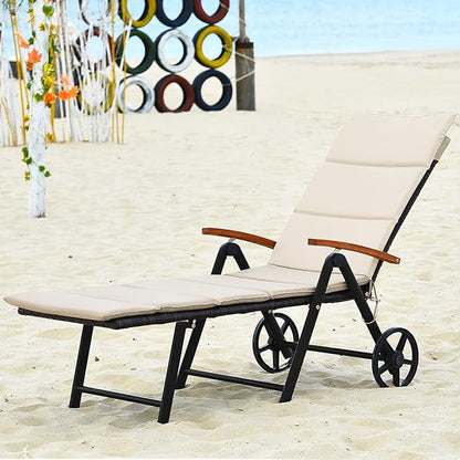 Tangkula Foldable Outdoor Chaise Lounger, Wicker Lounger Chair with Aluminum Black Frame, Wheels for Easy Moving, 7-Position Adjustable Cushioned Rattan Chaise for Poolside, Garden, Balcony and Patio