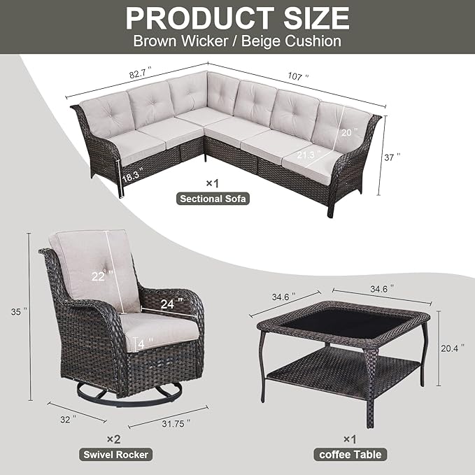 Belord Patio Furniture Set 6 Seats, Outdoor Swivel Rocker Patio Chairs, Oversized Outdoor Sectional Couch, Two 3-Seater Sofas with Coffee Table, Ideal for Porch, Deck, Brown Wicker/Beige