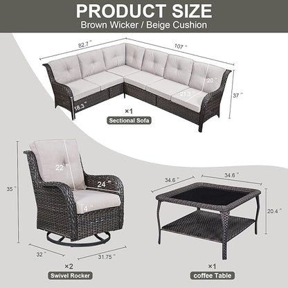 Belord Patio Furniture Set 6 Seats, Outdoor Swivel Rocker Patio Chairs, Oversized Outdoor Sectional Couch, Two 3-Seater Sofas with Coffee Table, Ideal for Porch, Deck, Brown Wicker/Beige