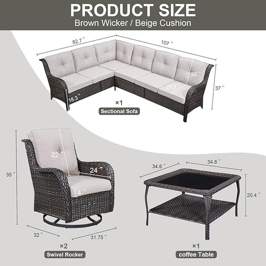 Belord Patio Furniture Set 6 Seats, Outdoor Swivel Rocker Patio Chairs, Oversized Outdoor Sectional Couch, Two 3-Seater Sofas with Coffee Table, Ideal for Porch, Deck, Brown Wicker/Beige