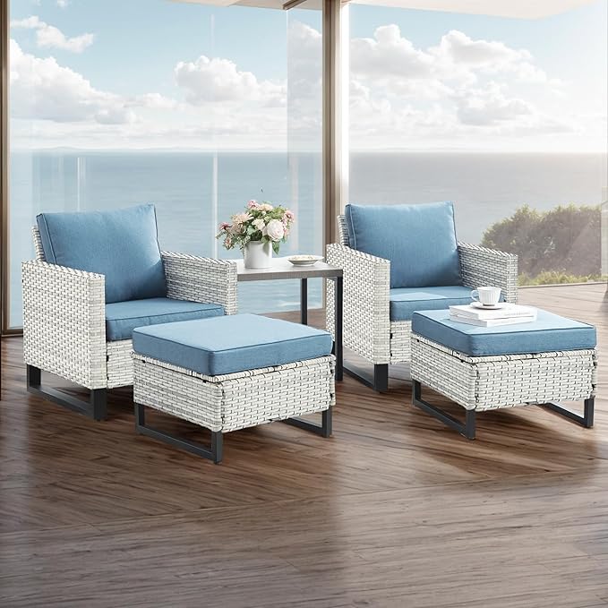 Wicker Outdoor Patio Furniture Set - 5 Piece Patio Conversation Set with 2 Wicker Armrest Chairs - Photo 1