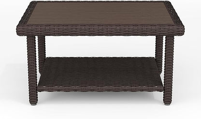 Martha Stewart Bedford Indoor-Outdoor Patio Coffee Table with Lower Shelf, Faux Wood Top, and Rattan Wicker Finish in Brown