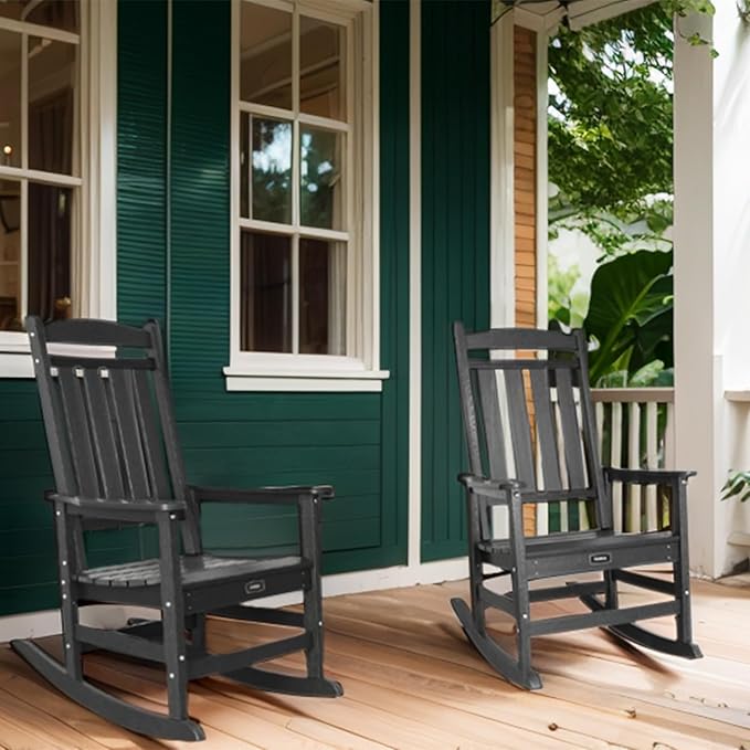 TenKa HDPE Patio Oversized Rocking Chair Set of 2, Outdoor Rocking Chair for Adults, All Weather Resistant Porch Rocker for Lawn Garden