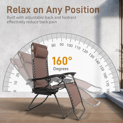 Bonnlo Zero Gravity Chairs Set of 2 Patio Folding Lounge Chairs Outdoor Recliners with Pillow and Cup Holder Adjustable Reclining Lawn Chair for Deck,Patio,Beach,Yard(Brown)