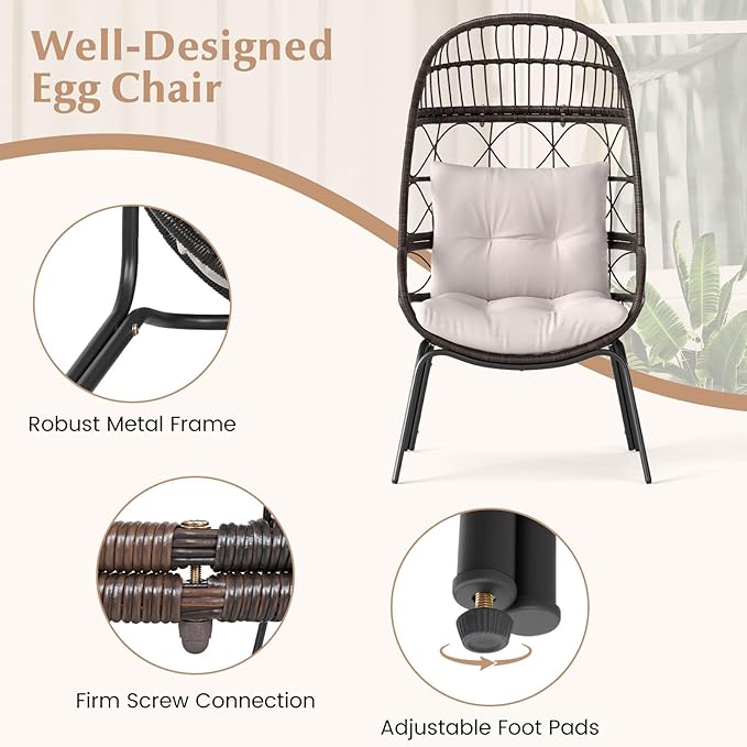 Tangkula Narrow Wicker Egg Chair Outdoor, Patio Rattan Lounge Basket with Seat & Back Cushions, Metal Indoor Outdoor Leisure Sofa Cocoon Chair for Bedroom, Backyard, Balcony, 400 lbs Max Load