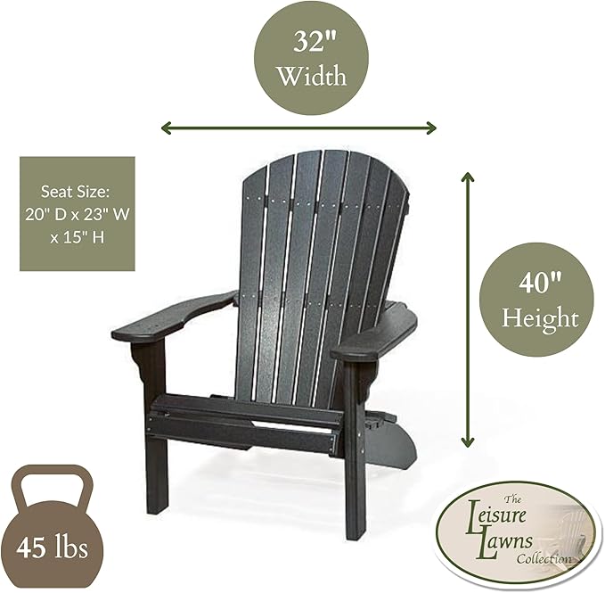 Leisure Lawns Poly Plastic Fanback Adirondack Chair, Outdoor Patio Chair - Amish Made in USA (Black)