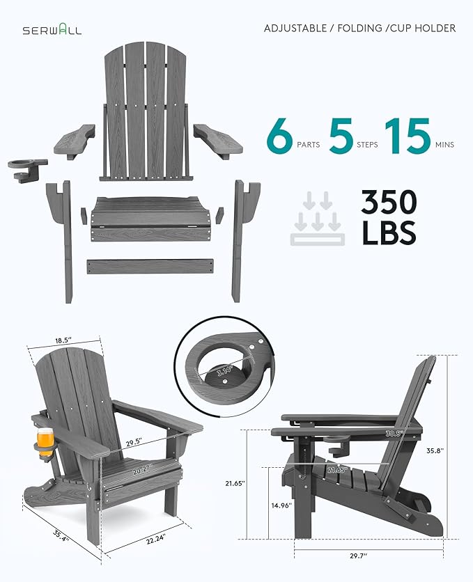 SERWALL Folding Adirondack Chair, Adirondack Outdoor Chair with Cup Holder - Photo 5