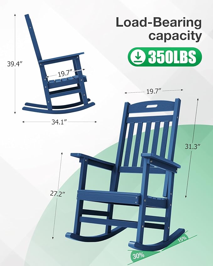 YEFU Outdoor Rocking Chair Porch: Plastic Rocking Chairs for Outside, Weather Resistant for Patio, Waterproof, Rock smoothly, Navy Blue