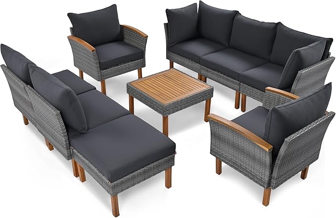Quarte 9-Piece Patio Rattan Furniture Set, Outdoor Wicker Conversation Set with Coffee Table - Photo 5