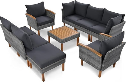 Quarte 9-Piece Patio Rattan Furniture Set,Outdoor Wicker Conversation Set with Coffee Table, Acacia Wood Legs and Tabletop, Sectional Sofa Set for Garden Balcony